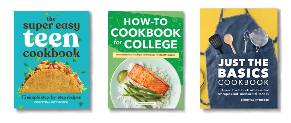 Three cookbook covers aimed at beginners, including teens and college students, highlighting easy recipes and basic cooking techniques. It's a Keeper features on each cover to emphasize the reliability of the meals you'll learn to