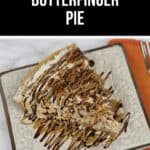 A decadent Butterfinger pie slice drizzled with rich chocolate and caramel graces a decorative plate, complemented by an orange napkin beside it.