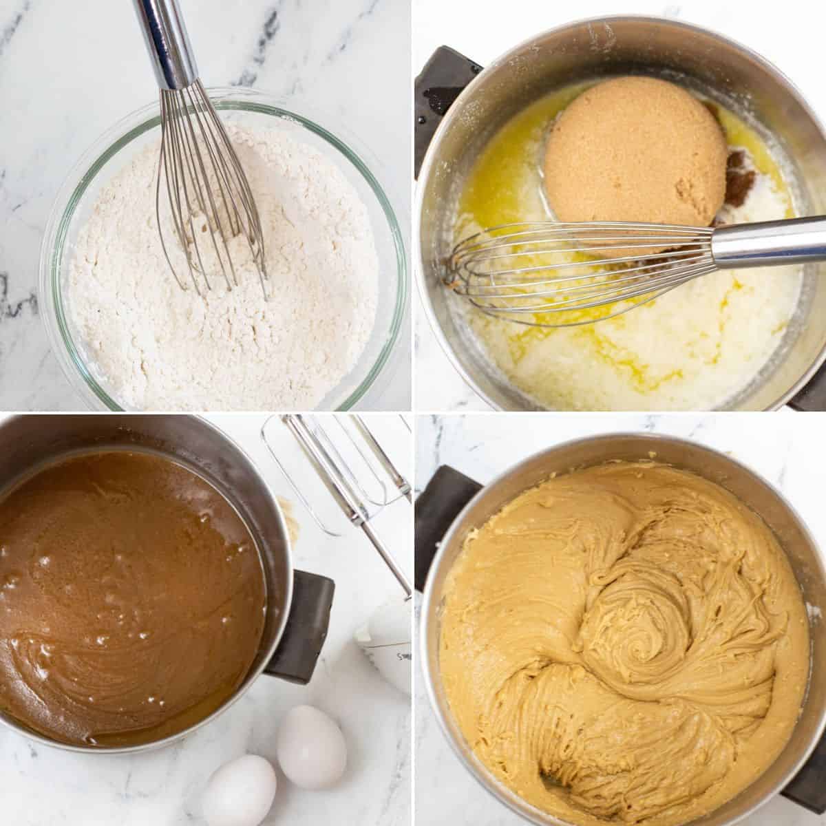 Four-panel image showing steps 1) flour mixture with a whisk, 2) brown sugar and melted butter being whisked, 3) mixed wet ingredients with eggs nearby, 4) creamy batter fully blended in a bowl.