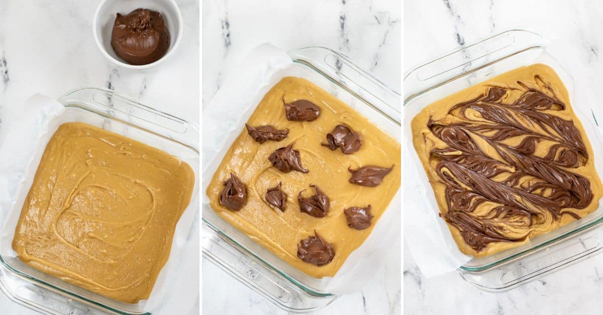 Three-step process of making batter in a pan, dollops of Nutella added, and Nutella swirled into the surface before baking.