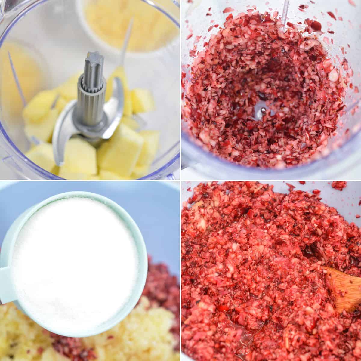 Four-photo collage showing pineapple chunks in a blender, blended fruit mixture, sugar being added, and the final mixed fruit and sugar blend—perfect for adding to your Ocean Spray Cranberry Relish Recipe.