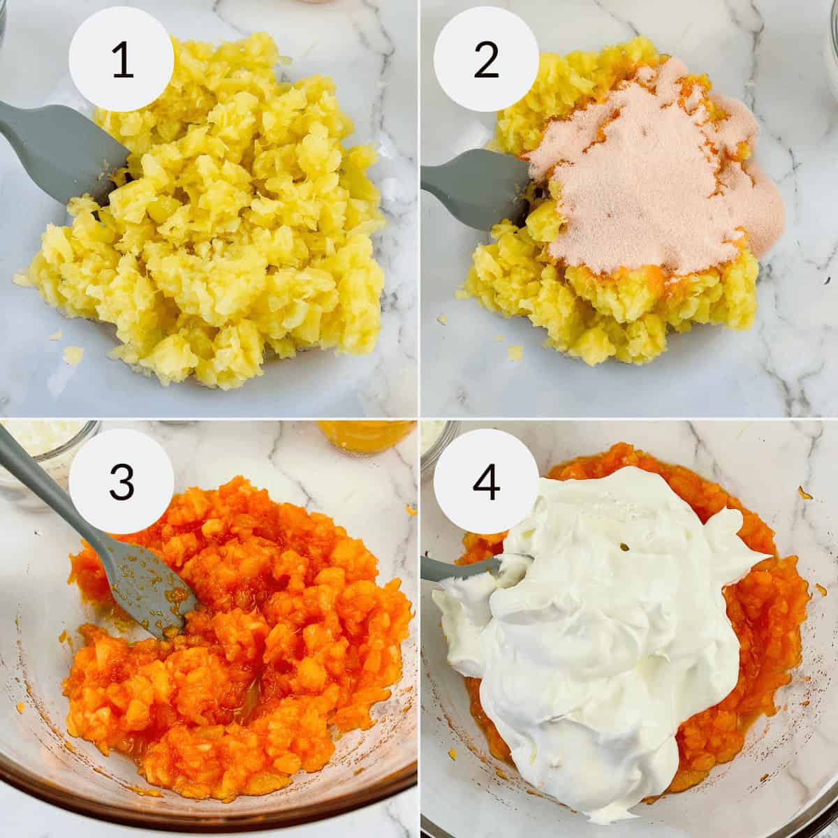 Mixing the oranges, whipped cream and ingredients in the dish.