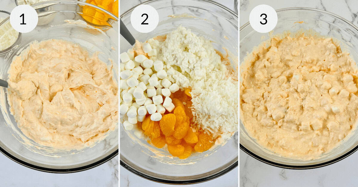 Finishing mixing the ingredients for the orange fluff salad.