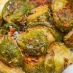 A closeup of the parmesan crusted brussels sprouts.