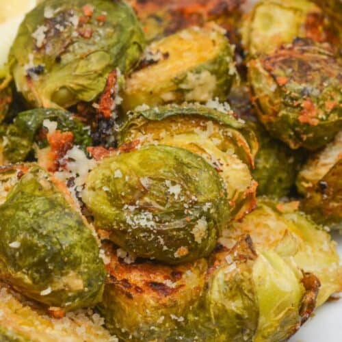 A closeup of the parmesan crusted brussels sprouts.