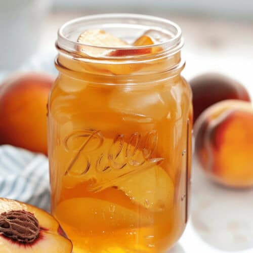 A mason jar of peach moonshine.