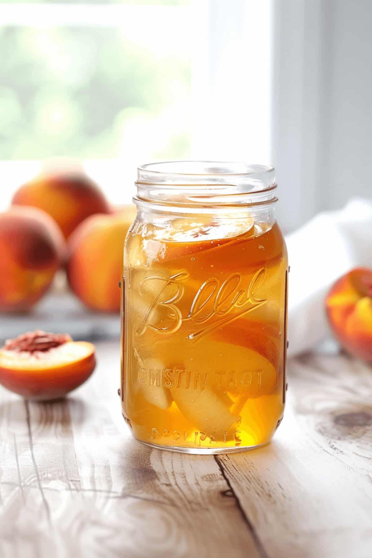 Fresh peaches and a jar of the drink.