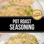 A spoonful and a bowl of mixed pot roast seasoning with herbs and spices, labeled "Pot Roast Seasoning," perfect for enhancing your favorite Pot Roast Seasoning recipe.