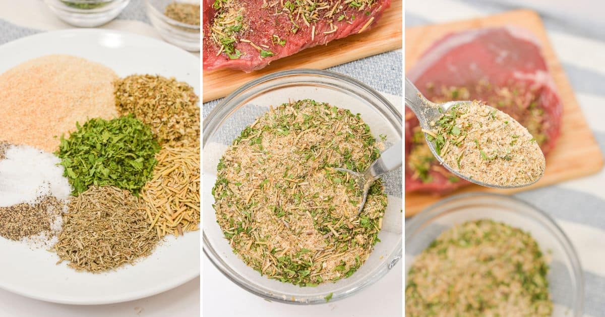 Three-panel image showing dry Pot Roast Seasoning recipe ingredients on a plate, the mixed seasoning in a bowl, and a spoonful of the mixture above a piece of raw meat.