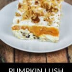 A slice of layered lush cake with cream, pumpkin filling, and chopped nuts rests on a white plate, set atop a wooden table.