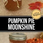 A mason jar filled with Pumpkin Pie Moonshine, decorated with twine, sits on a glittery surface surrounded by artificial autumn leaves and pumpkins.