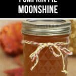 A glass jar of Pumpkin Pie Moonshine with a metal lid and a twine bow, set against a blurred background filled with autumn leaves.