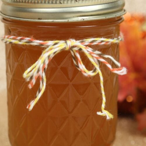 A glass jar filled with amber-colored Pumpkin Pie Moonshine, sealed with a metal lid and tied with a yellow and white string, sits on a neutral surface with autumn leaves in the background.