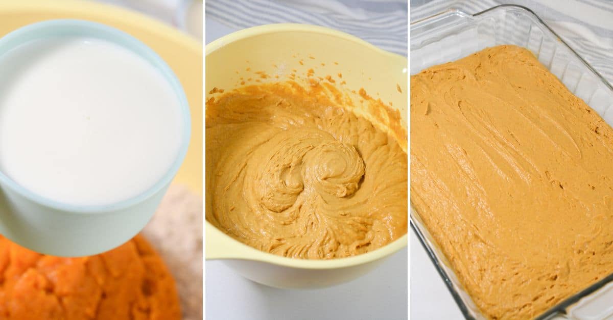 Three images show the making of Pumpkin Poke Cake: a measuring cup of milk above orange batter, a bowl of mixed pumpkin batter, and a glass baking dish filled with smooth, vibrant orange batter.