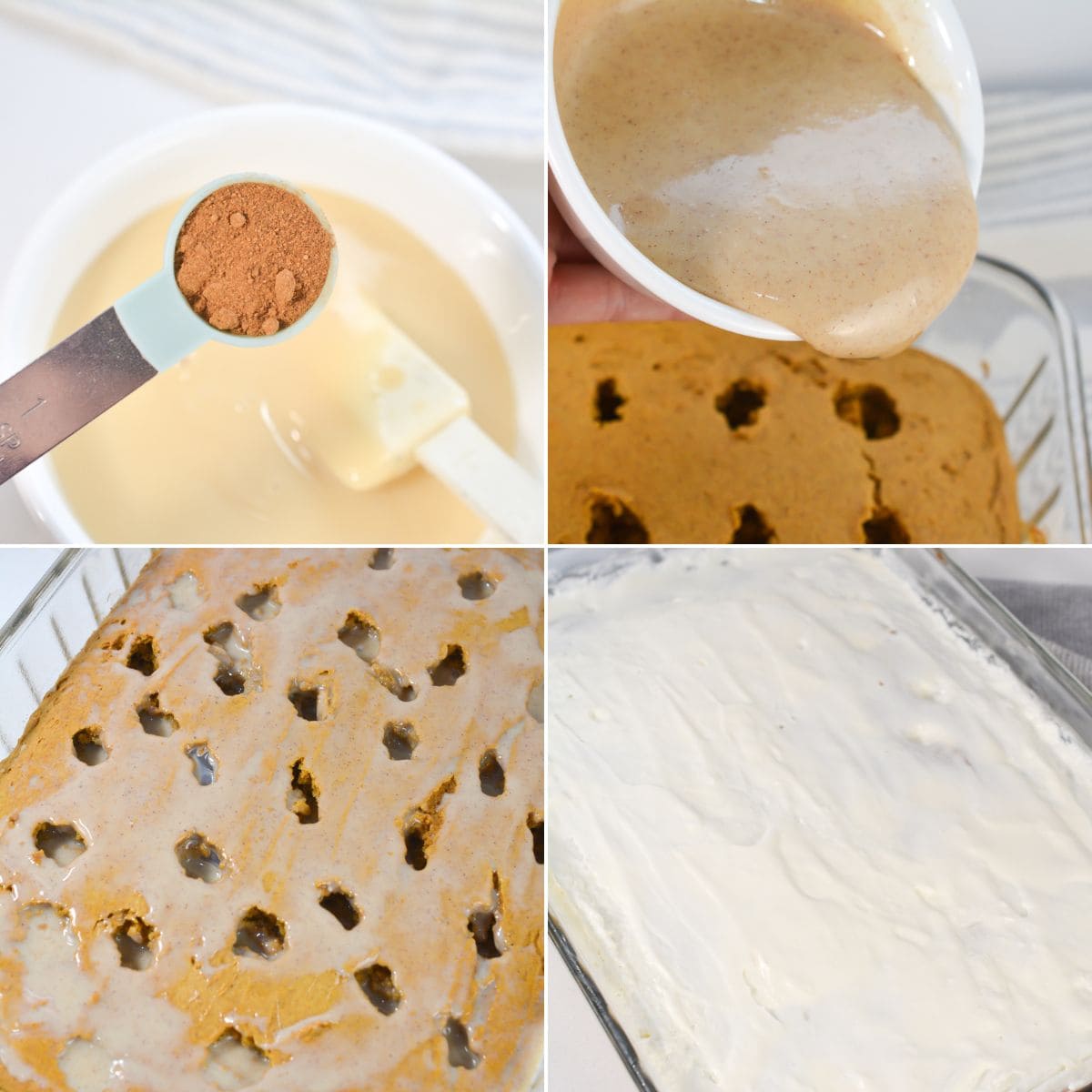 Four-step collage of Pumpkin Poke Cake: cinnamon added to a bowl, sauce poured over cake with holes, cake absorbing sauce, and finished with a layer of white frosting.