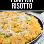 A plate of creamy Pumpkin Risotto, topped with grated cheese and chopped parsley, sits on a white and black grid-patterned cloth.
