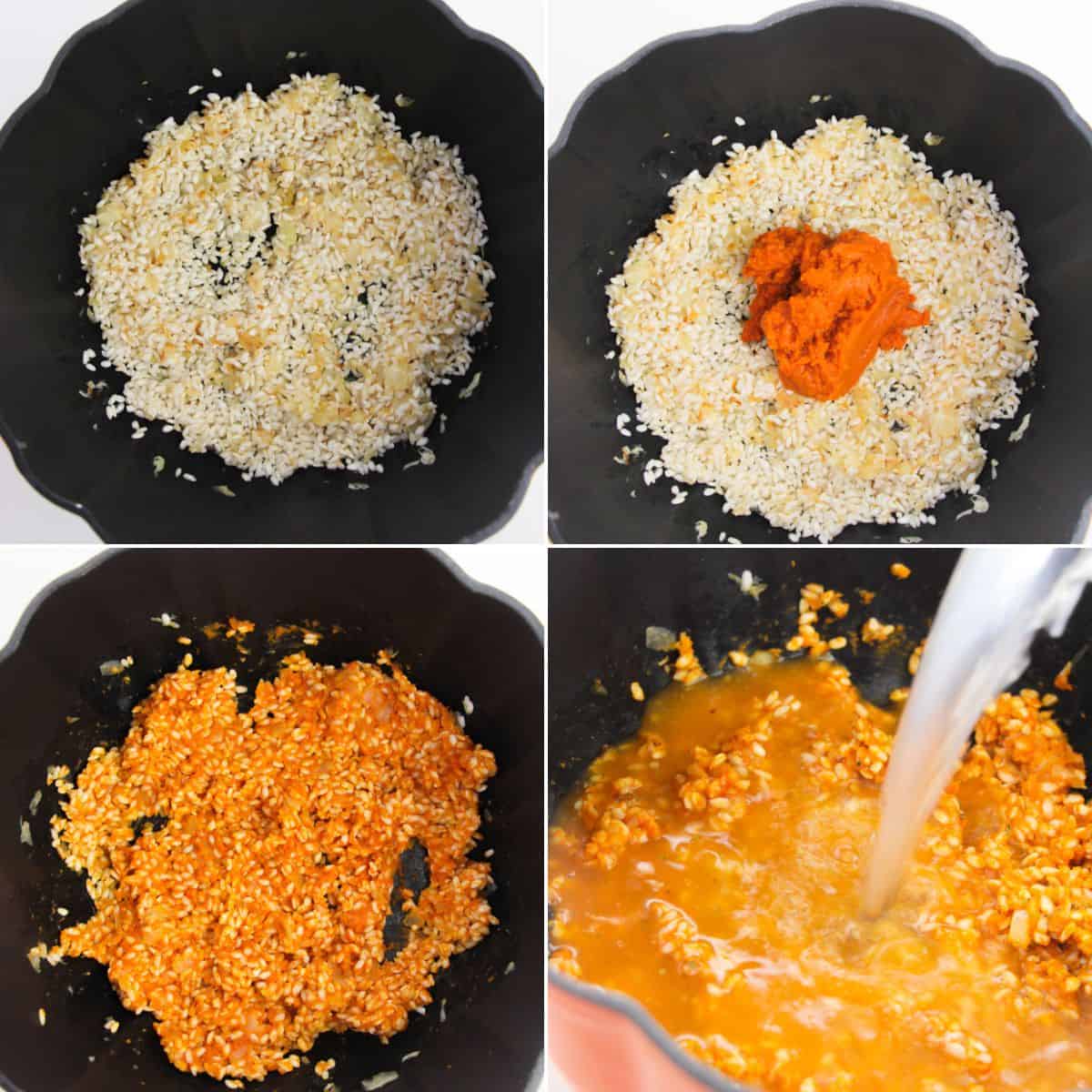 Four images show stages of making Pumpkin Risotto: sautéed rice and onion, adding tomato paste, mixing, and pouring water into the creamy rice mixture in a pot.