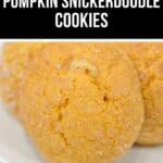 Close-up of Pumpkin Snickerdoodle Cookies on a white plate, with a label above reading "Cozy Pumpkin Snickerdoodle Cookies." The soft, spiced cookies capture the warmth and sweetness of your favorite fall treats.