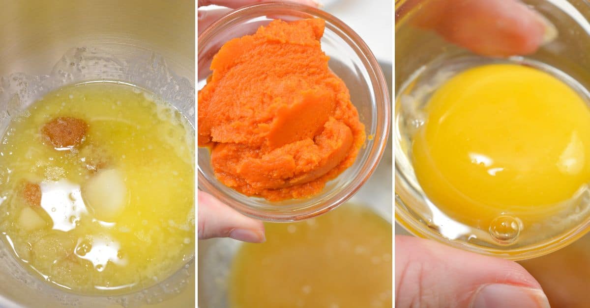 Three panels show steps melted butter and sugar in a bowl, a hand adding  puree, and a bowl with a raw egg ready to mix.