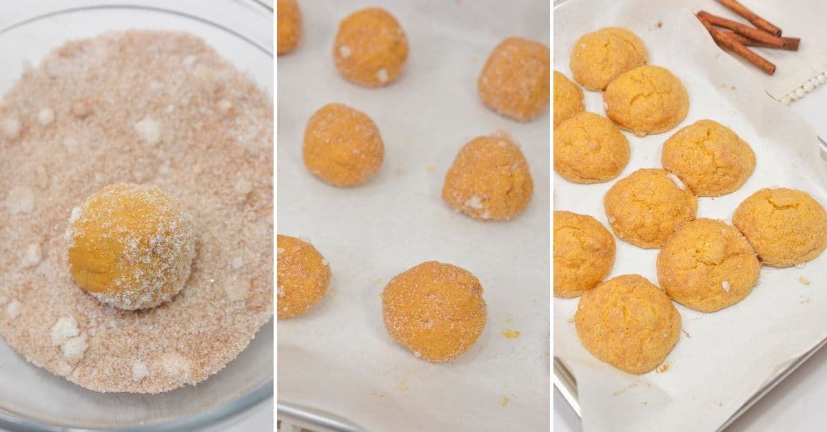 Three-step process of making dessert dough ball coated in cinnamon sugar, unbaked dough balls on parchment, and baked cookies on a tray with cinnamon sticks nearby.