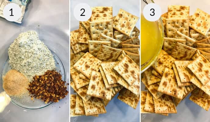 Step-by-step recipe images: 1) A bowl with dry seasonings, red pepper flakes, and ranch spices. 2) Saltine crackers neatly arranged. 3) Crackers partially covered with a spicy butter mixture.