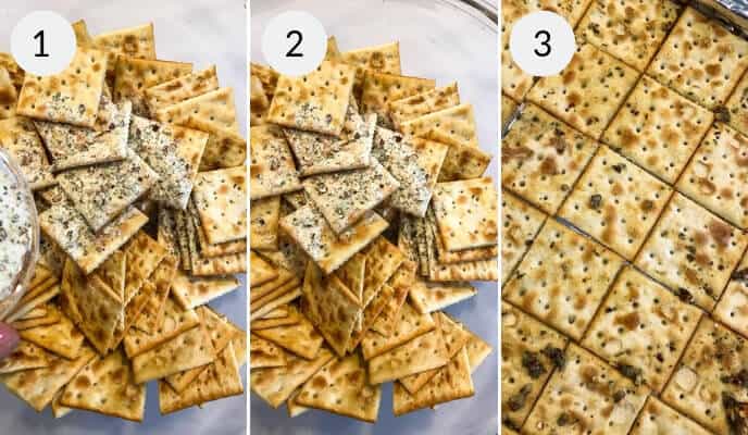 A three-step process showing a circular arrangement of ranch spicy crackers with seasoning being added, mixed, and spread out on a baking sheet. Steps are labeled 1, 2, and 3.