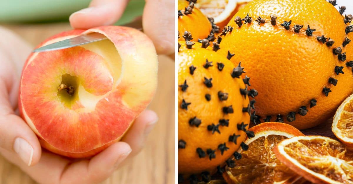 A hand peeling a red apple with a knife on the left; oranges studded with cloves and dried orange slices on the right, evoking the aromatic allure of slow cooker cider.