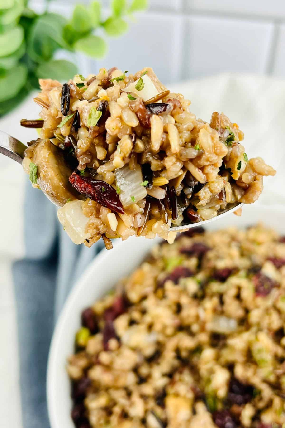 A close-up of a spoonful of the side in a bowl.