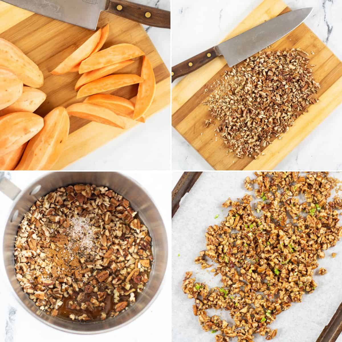 Four images show: sliced sweet potatoes on a cutting board, chopped pecans with a knife, spices and pecans in a pot, and the Roasted Spicy Sweet Potatoes mixture spread on a baking sheet.