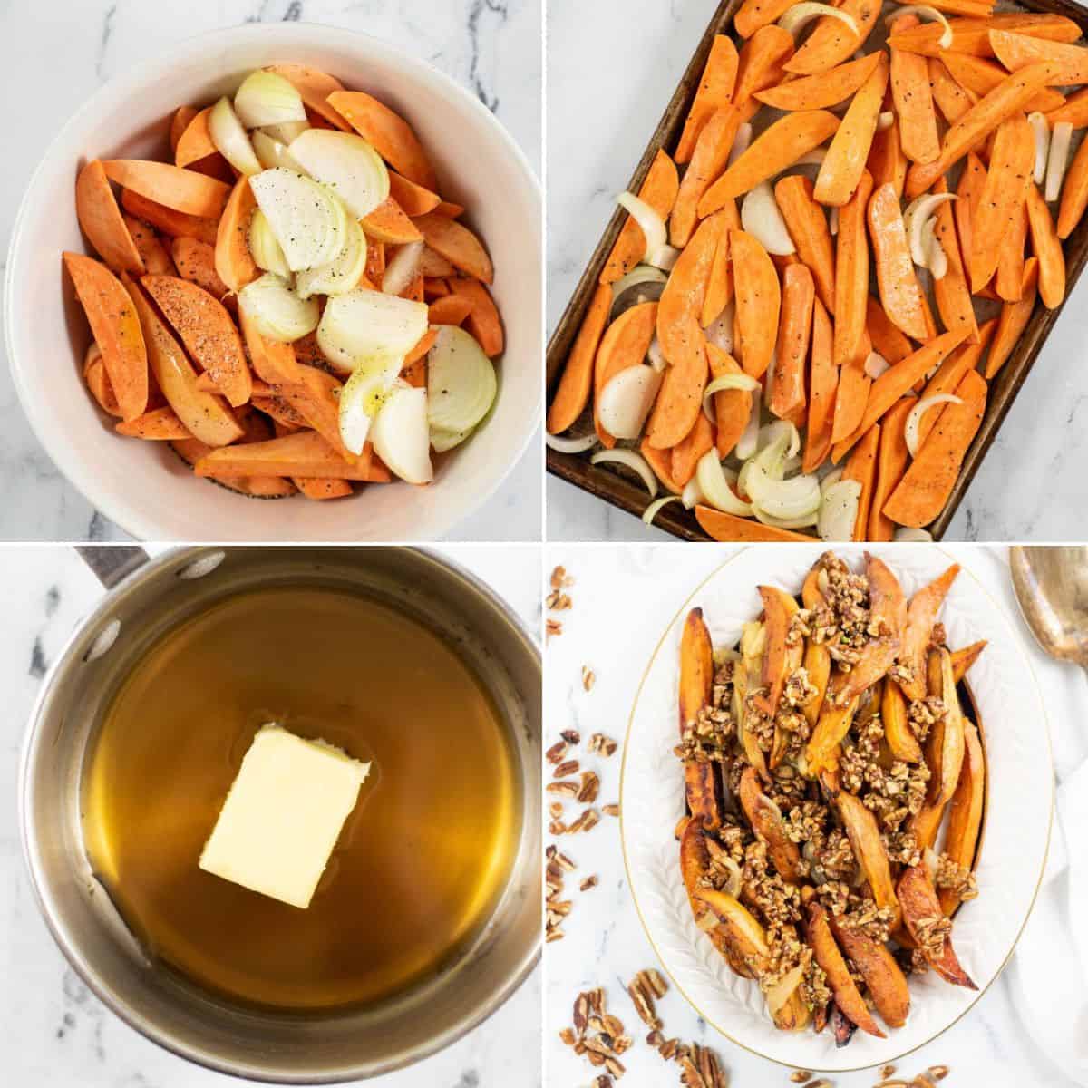 Four images show: raw sweet potatoes and onions in a bowl; spread on a baking sheet; butter melting in a saucepan; and Roasted Spicy Sweet Potatoes topped with a nut mixture on a plate.