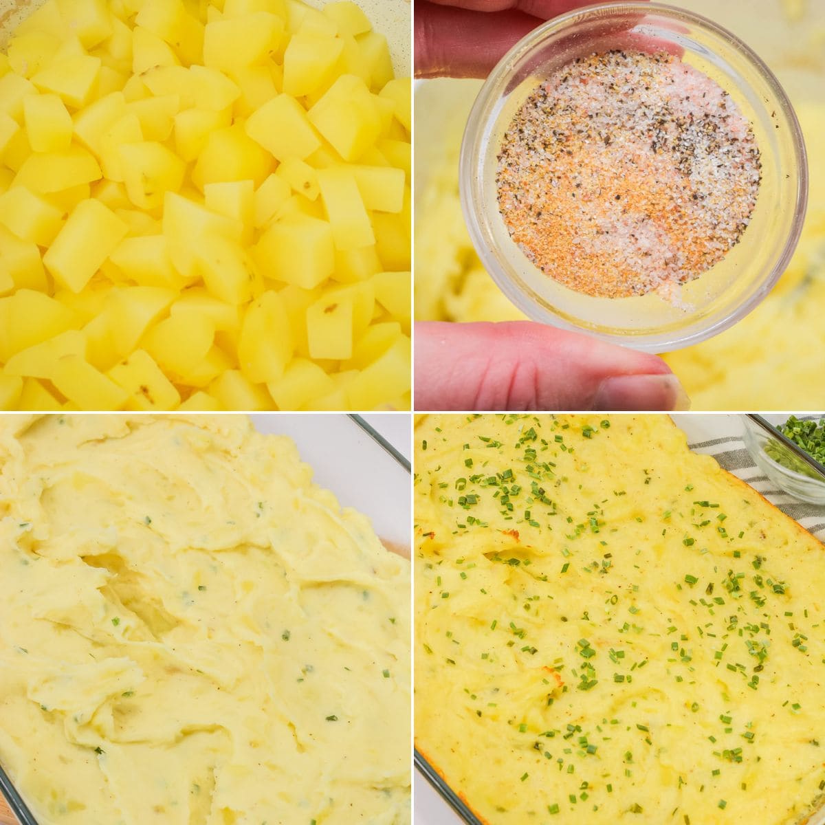 Four-panel image showing diced potatoes, a bowl of mixed seasonings, mashed potatoes in a dish, and Baked Twice Mashed Potatoes topped with chopped herbs.