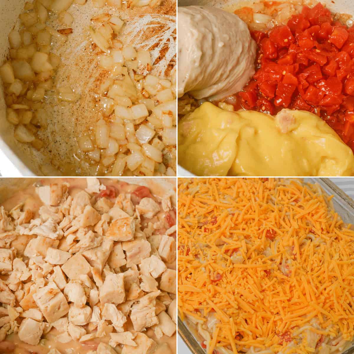 Four images illustrating the stages of crafting a rotel chicken spaghetti casserole: sautéed onions, adding soup and tomatoes, mixing in cooked chicken, and topping it all off with shredded cheese.