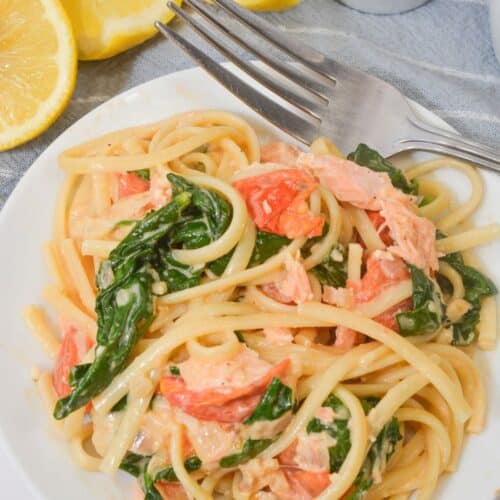 A heaping serving of the salmon pasta on a white dish.