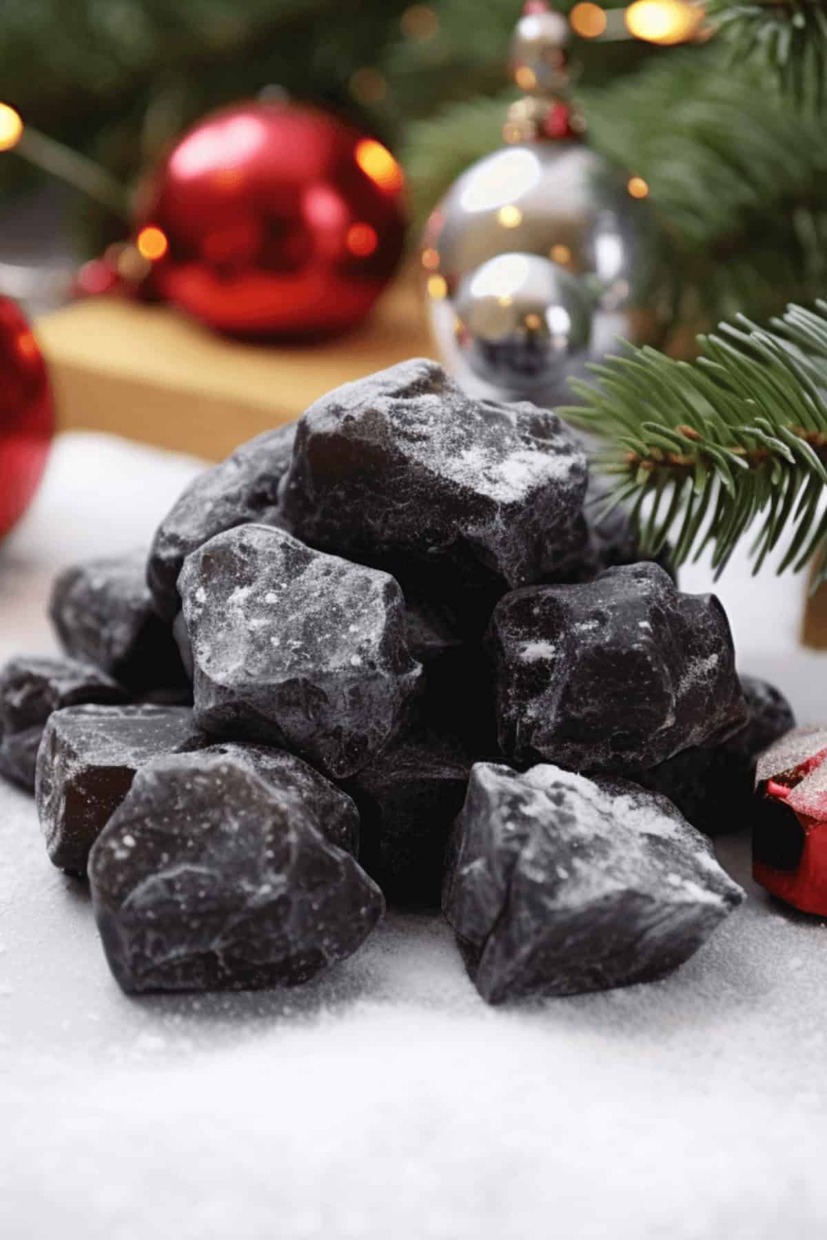 A bunch of santas coal candy.