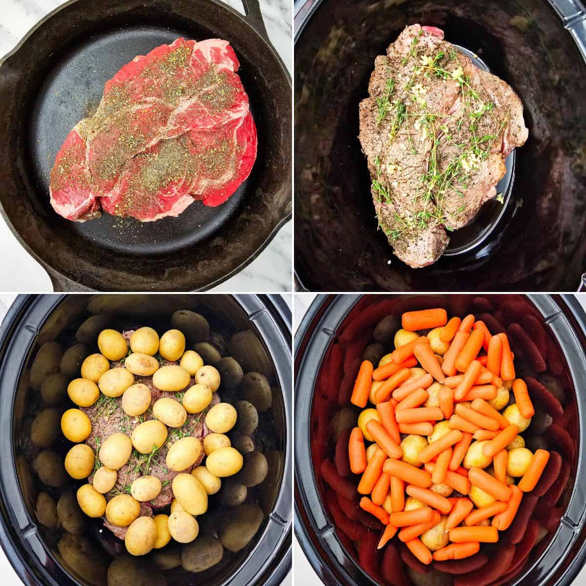 Four-panel image showing: seasoned raw Slow Cooker Beef Chuck Roast in a skillet, transferred to a slow cooker, baby potatoes added, then baby carrots layered on top of the potatoes in the slow cooker.