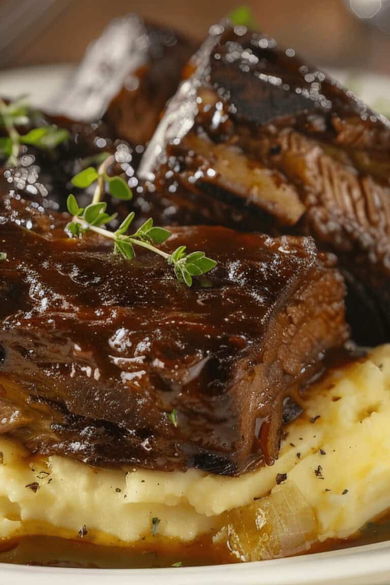Slow-cooked beef short ribs with a rich glaze are served on a bed of creamy mashed potatoes, garnished with fresh thyme sprigs.
