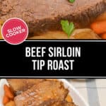 Sliced Slow Cooker Beef Sirloin Tip Roast with potatoes, carrots, and onions garnished with parsley on a platter. A "Slow Cooker" label is on the image, highlighting the tender perfection of this delicious dish.