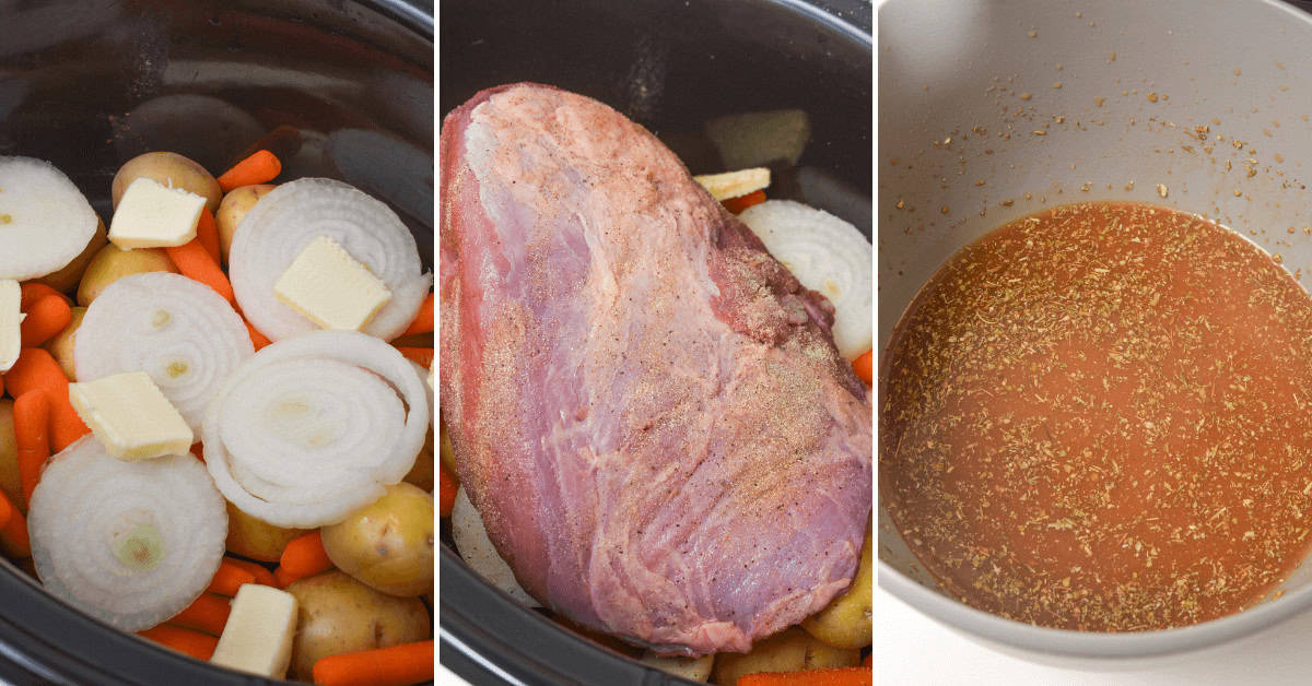 Left image: Potatoes, carrots, onion, and butter in a slow cooker. Middle image: Raw Slow Cooker Beef Sirloin Tip Roast placed on top. Right image: Brown liquid with herbs.