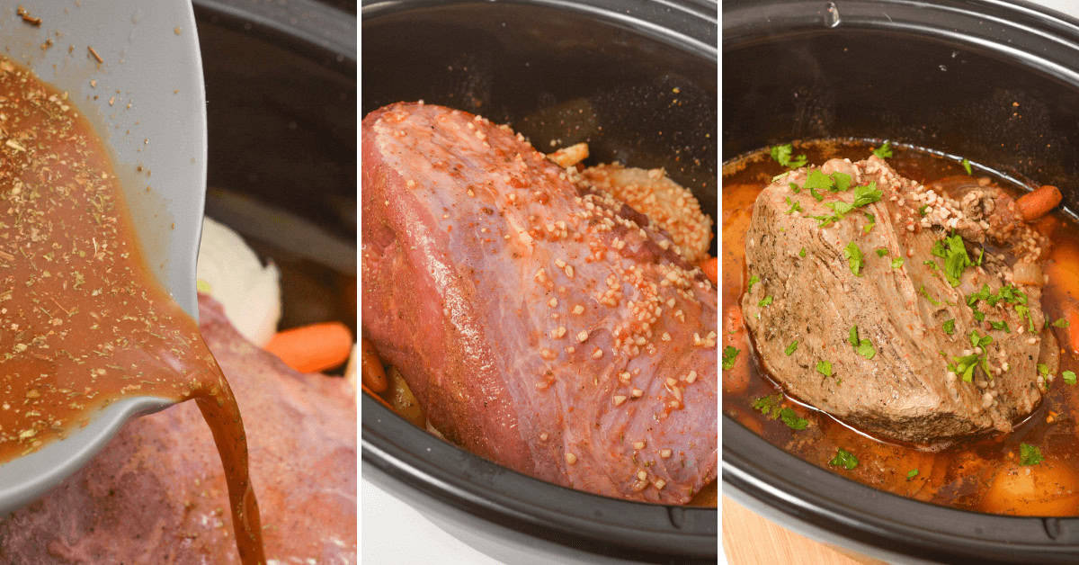 Three-panel image illustrating the cooking process: broth slowly poured over raw slow cooker beef sirloin tip roast and vegetables, followed by partially cooked meat, and finally fully cooked sirloin garnished with herbs.