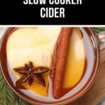 A cup of slow cooker cider, warm and inviting, topped with a cinnamon stick, star anise, and a lemon slice sits on a wooden board surrounded by pine needles.