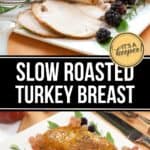 Sliced Slow Roasted Turkey Breast served on a plate with grapes, blackberries, and fresh herbs, accompanied by savory gravy.