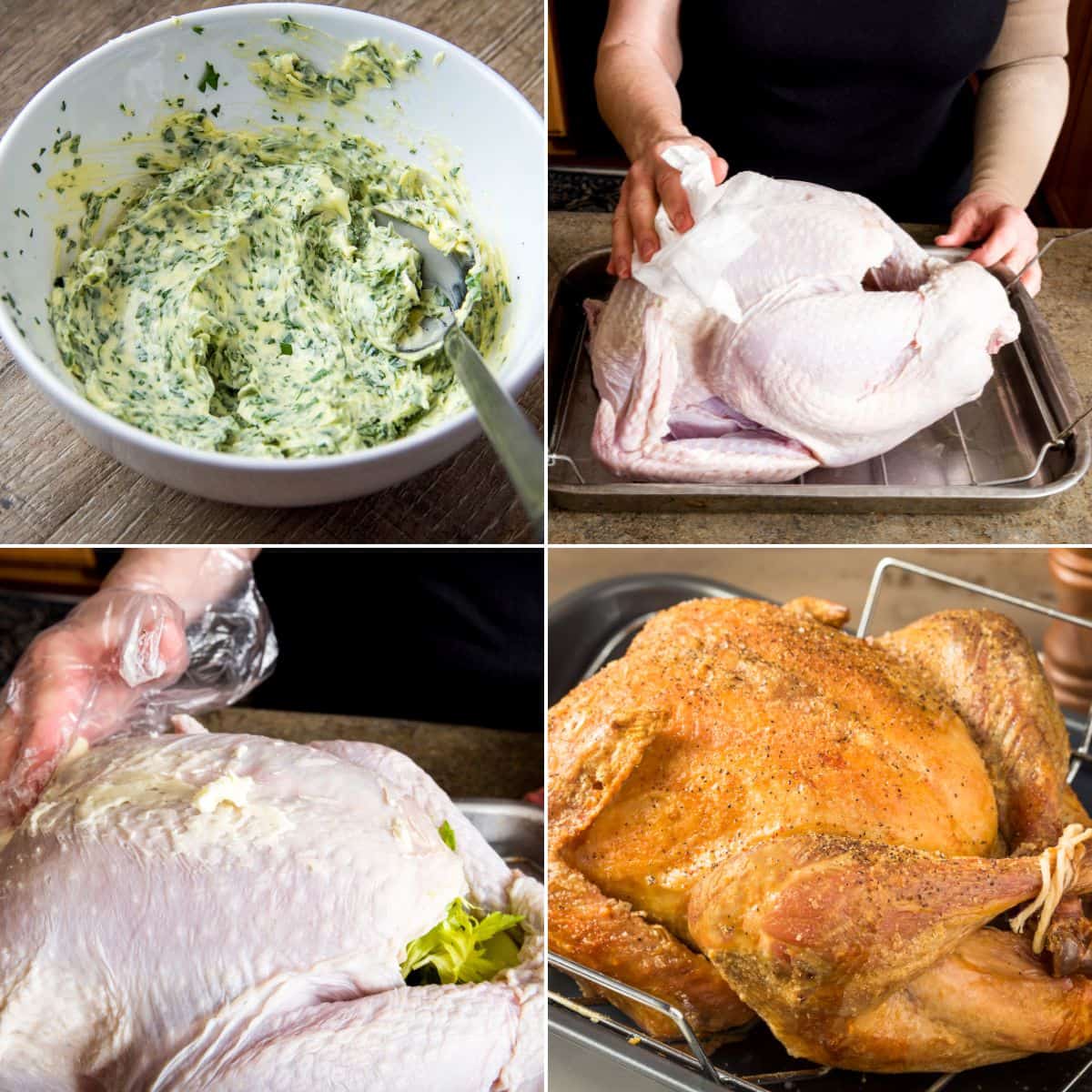 Four-step collage: Herb butter in a bowl, person preparing raw turkey, applying herb butter to turkey skin, and a beautifully Slow Roasted Turkey presented on a tray.
