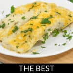 Close-up of two sour cream chicken enchiladas topped with melted cheese and cilantro, served on a white plate. Text at the bottom reads: "THE BEST SOUR CREAM CHICKEN ENCHILADAS - A Must Try!