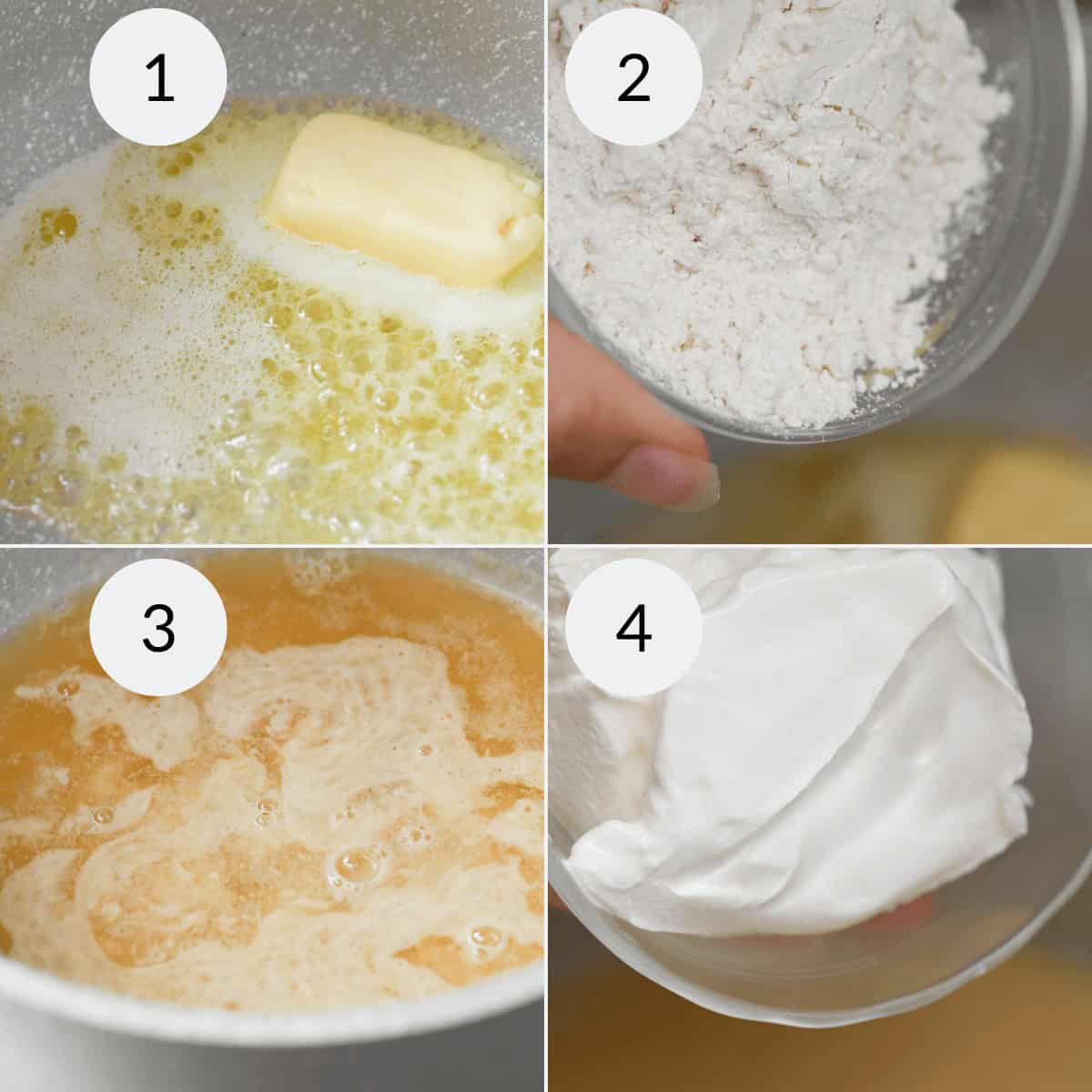 A four-step process: 1) Melting butter, 2) Adding flour, 3) Simmering the mixture, 4) Adding whipped cream—the perfect base for Sour Cream Chicken Enchiladas.