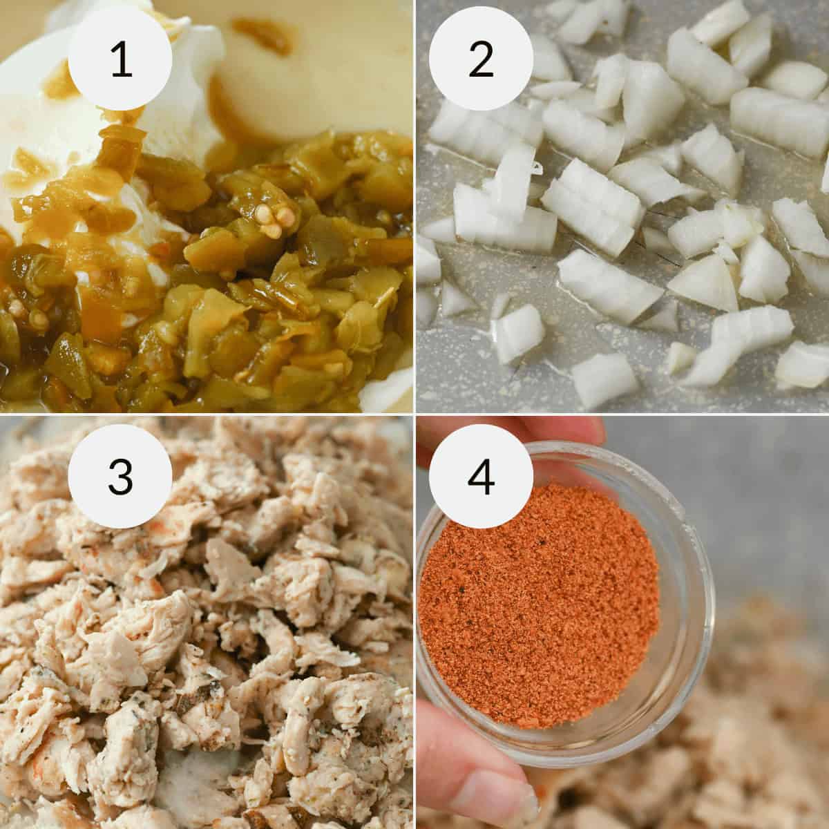 Four ingredients for mouthwatering Sour Cream Chicken Enchiladas: 1) Chopped green chiles, sour cream, and shredded cheese, 2) Diced onions, 3) Shredded chicken, 4) Heaping teaspoon of red seasoning mix.