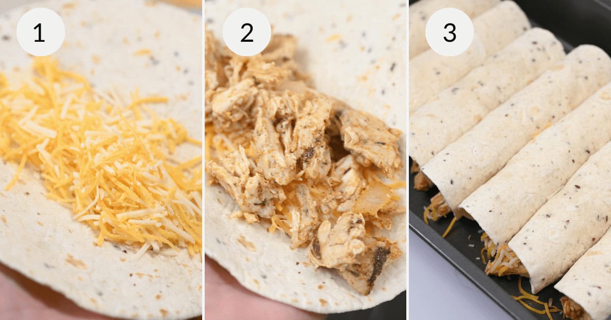 Three-step process of assembling sour cream chicken enchiladas: Step 1 shows a tortilla with shredded cheese, Step 2 adds shredded chicken, and Step 3 shows completed enchiladas in a pan ready for baking.
