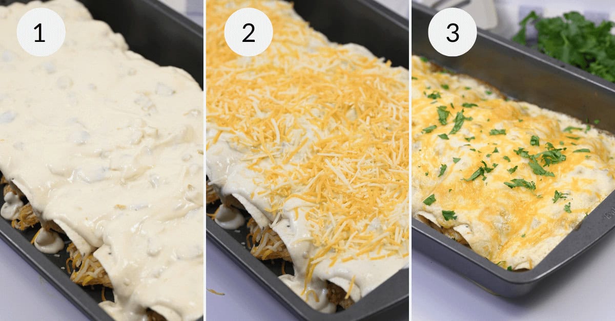 Three images showing stages of making cheese enchiladas: image 1 depicts Sour Cream Chicken Enchiladas covered in white sauce, image 2 adds shredded cheese, and image 3 shows baked enchiladas garnished with cilantro.