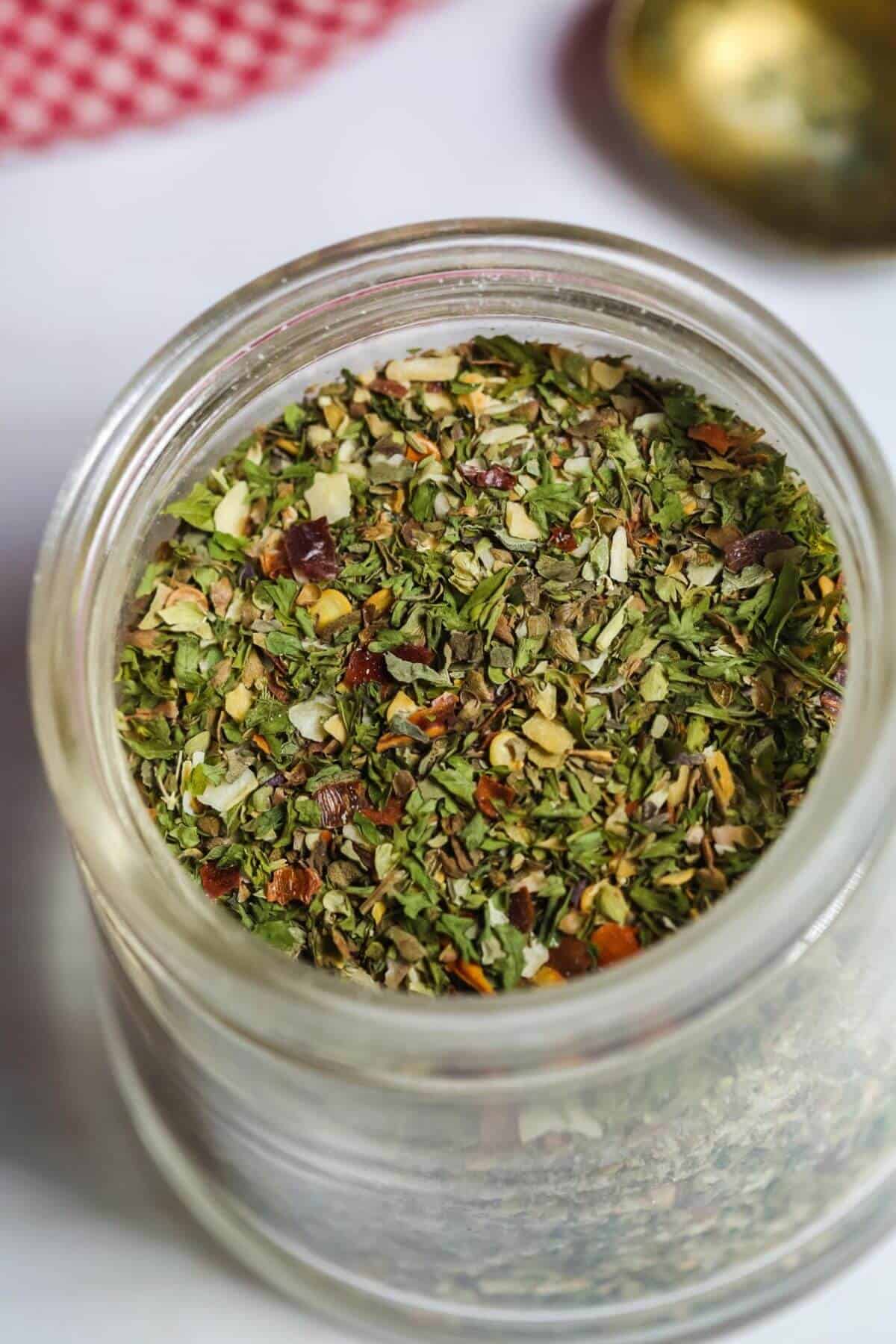 A jar of homemade Spaghetti Seasoning.