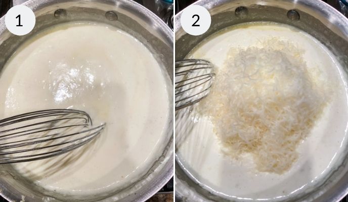 Mixing the cream and cheese together to make the alfredo.