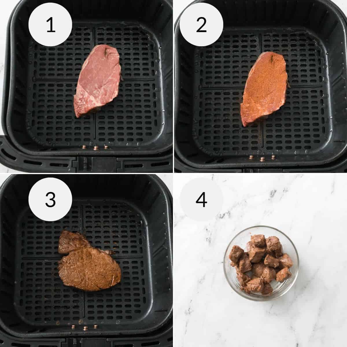 Four-step process of cooking steak in an air fryer: raw steak, seasoned steak, cooked steak, and sliced steak pieces in a bowl—perfect for making delicious Steak Quesadillas.